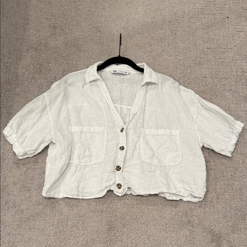 Zara Cream Linen Cropped Shirt